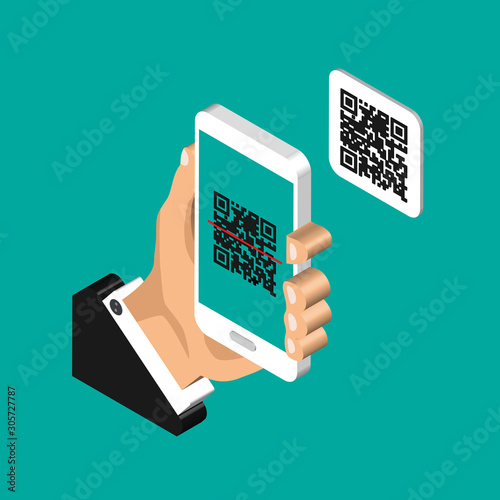 3D hand holds phone with qr code on screen. Isometric scanning code by phone. Qr label sticker. Vector illustration.