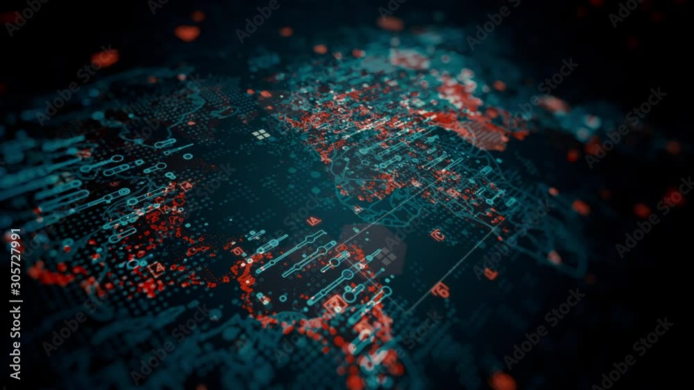 Fantastic luminous technological global map with random flickering symbols, visual HUD elements, bright color contours and an abstract background.