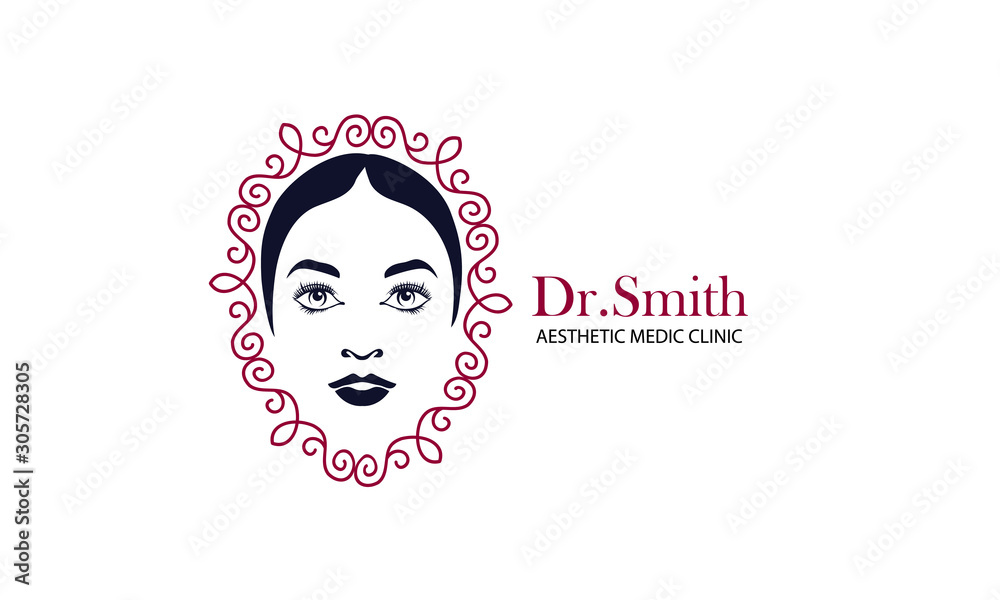 Logo for aesthetic mediс clinic. Woman face and decorate text. Vector illustration. Logo for aesthetic mediс clinic. Woman face and decorate text. Vector illustration.