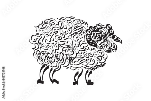 Poster for muslim religion holiday. Stylized sheep silhounette with calligraphy inside. Vector illustration.