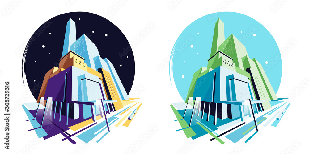 Day and night modern Moll, shopping center. Perspective view. Vector illustration collection