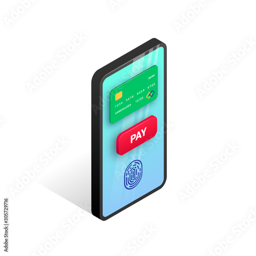 Mobile payment isometric design. 3d smartphone with credit card, fingerprint, button pay on screen. Online transaction, money transfer, electronic banking concept. Vector illustration for web, app, ad