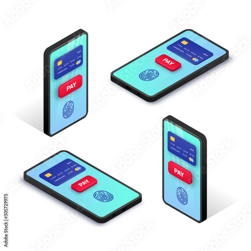 Mobile payment isometric concept. 3d set of smartphone with credit card, fingerprint, button pay on screen. Online transaction, electronic banking concept. Vector illustration for web, app, advert