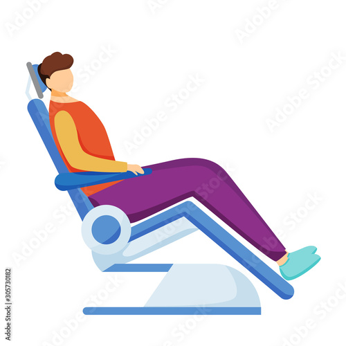 Patient on dental chair flat vector character. Dentistry, stomatology. Dental checkup, stomatologist appointment. Teeth treatment and examination cartoon concept isolated on white background