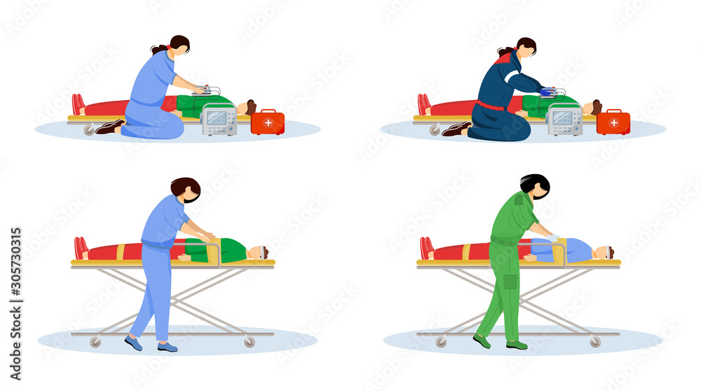 First aid flat vector illustrations set. Emergency doctors and injured patients. Urgency care, resuscitation. Paramedics, emt with defibrillator cartoon characters isolated on white background