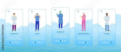 Medical professionals onboarding mobile app screen vector template. Therapist, nurse, surgeon, obstetrician. Walkthrough website steps with flat characters. UX, UI, GUI smartphone cartoon interface