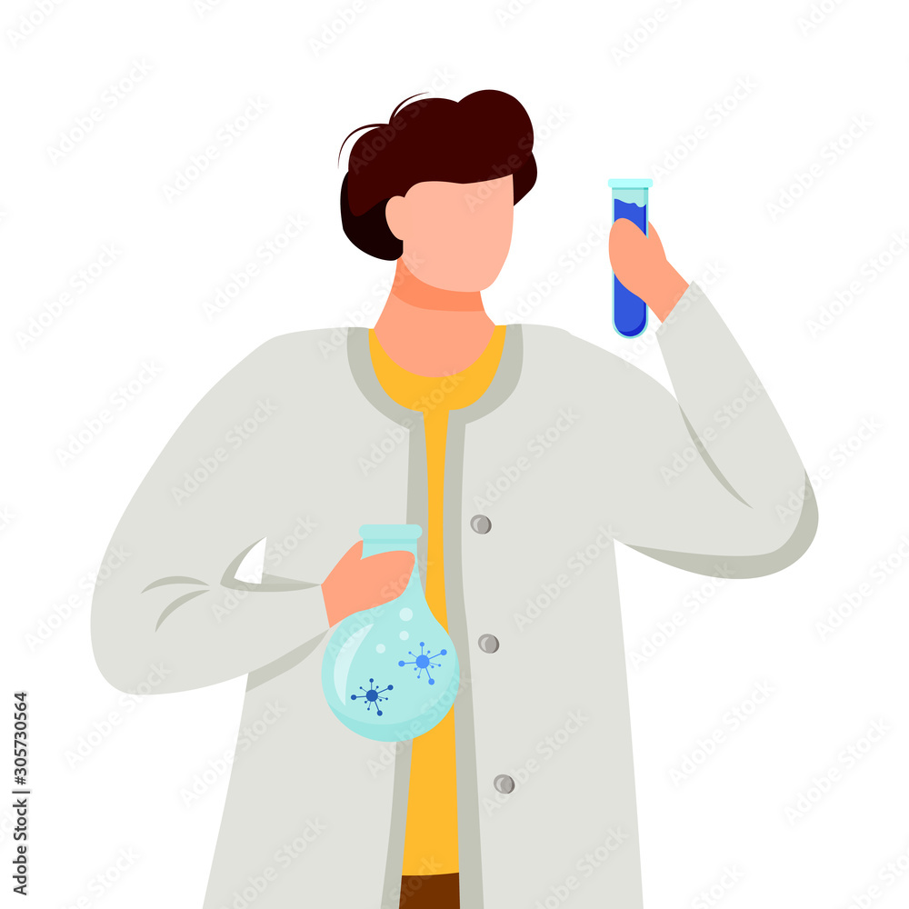 Marine researcher flat vector illustration. Sea exploration. Ichthyology. Nautical research. Scientist in white coat isolated cartoon character on white background Marine researcher flat vector illustration. Sea exploration. Ichthyology. Nautical research. Scientist in white coat isolated cartoon character on white background