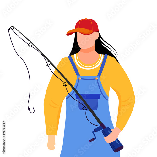 Fisherwoman flat vector illustration. Fisher with fishing rod and bucket isolated cartoon character on white background. Sport, active leisure