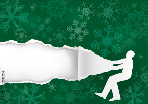   Man Ripping Christmas Paper Background.  Paper male silhouette ripping green christmas paper background. Unwrapping gift. Vector available.