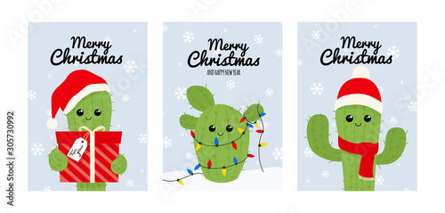 Merry Christmas greeting card set with cute cactus. Vector winter postcard.