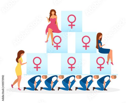 Matriarchy political system metaphor flat vector illustration. Patriarchal barrier males in politics. Form of government. Primary power of women. Oppression of men cartoon characters