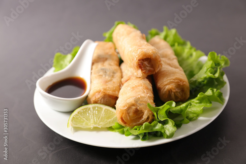 spring roll with soy sauce in plate