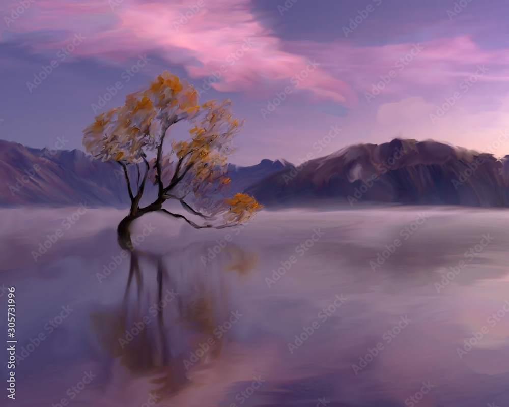 Lonely tree on a background of mountains drawing. Lonely tree on a background of mountains drawing.