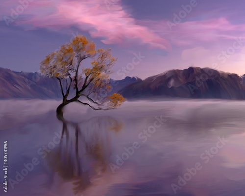 Lonely tree on a background of mountains drawing.