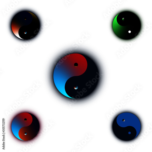 Yin-Yang with 5 different in shades of multicolours in white background,  Vector illustration, Yin and Yang symbol of harmony and balance