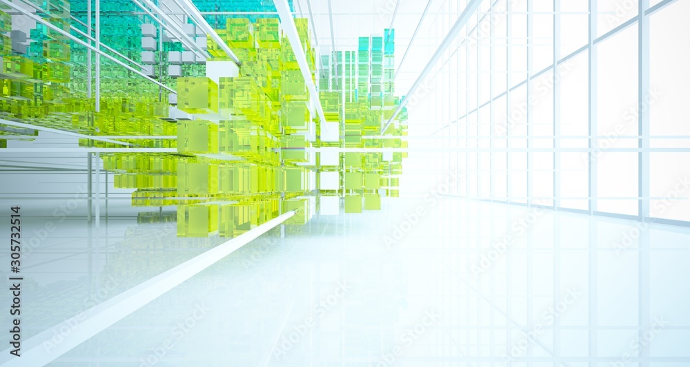 Obraz premium Abstract white and colored gradient glasses interior from array cubes with large window. 3D illustration and rendering.