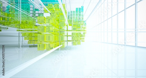 Abstract white and colored gradient glasses interior from array cubes with large window. 3D illustration and rendering.