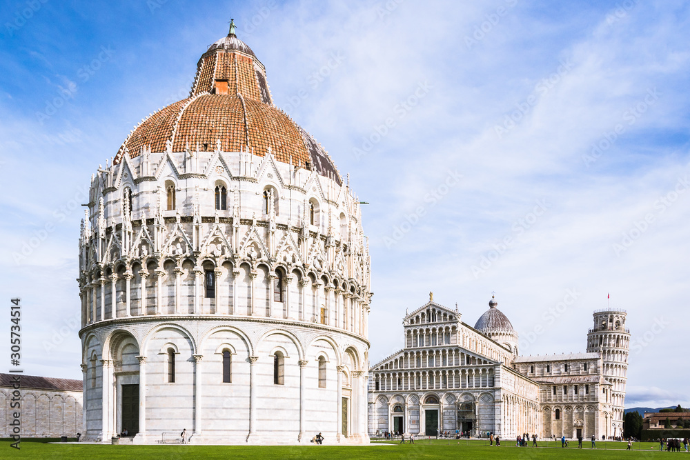 Pisa Italy: Square of Miracles with buildings of: the Baptistery represents birth, the Cathedral  life and the Camposanto  death. The Leaning Tower is a bell tower and the part of cathedral.