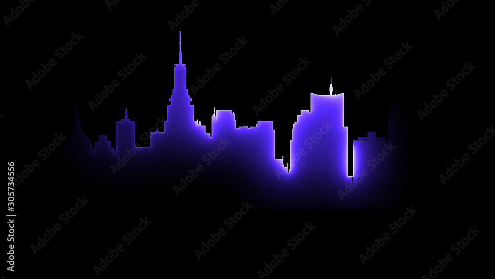 Obraz premium 3D rendering of an abstract bright neon city silhouette. Laser technology background design