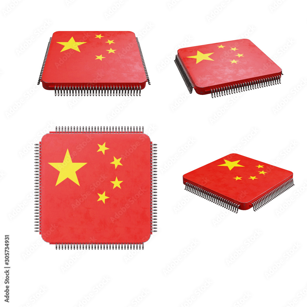 Computer chip with chinese flag on white background. 3d conceptual illustration Computer chip with chinese flag on white background. 3d conceptual illustration