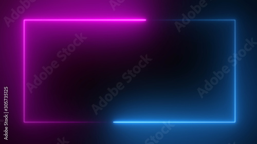 3D rendering of an abstract bright neon rectangular frame. Laser technology background design