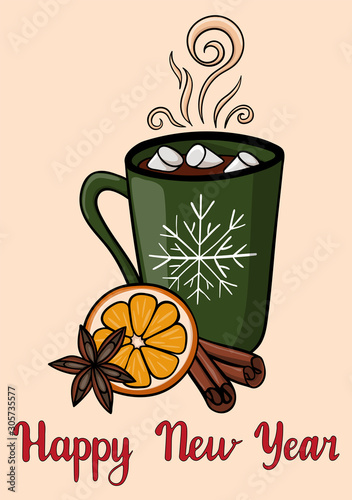 Happy New year postcard with green mug of hot drink with marshmallow. Atmospheric winter hot drink with cardamom, orange and badian. Beautiful winter greeting card