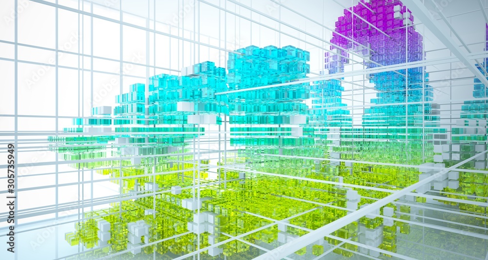 Fototapeta premium Abstract white and colored gradient glasses interior from array cubes with large window. 3D illustration and rendering.