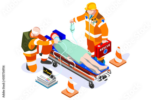 Staff Hospital Virus Coronavirus Covid19, Web Paramedic Medicine Website for Emergency. Physician Cartoon Medic Man at First Aid with Patient and Ambulance. Human flat vector illustration.