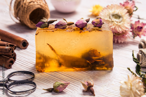 Natural homemade soap on wooden table