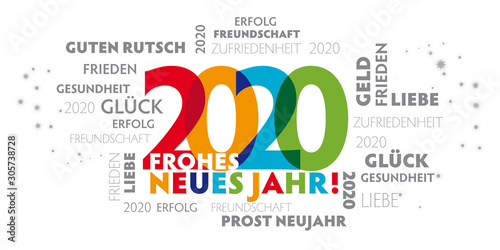Fröhlicher bunter Neujahrsgruß 2020 mit verschiedenen Grußformeln und Wünschen