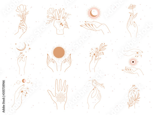 Collection of fine, hand drawn style logos and icons of human hands in one line style. Fashion, skin care and wedding concept illustrations. Minimalistic style