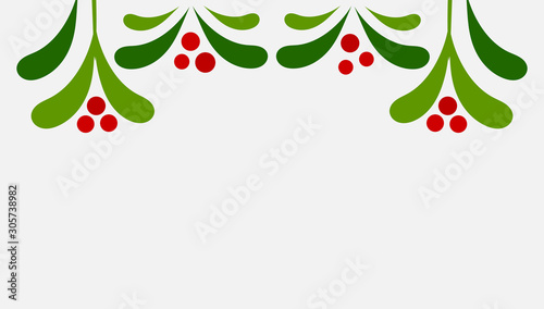 Mistletoe leaves and berries hanging, Christmas card.