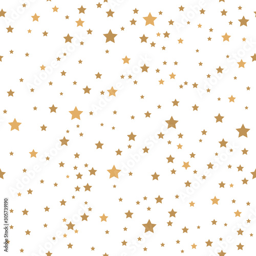 Gold stars on white background seamless pattern.