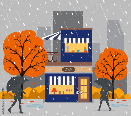 Vector background with cafe or restaurant building in the park among autumn trees. People on the street under umbrellas. Building's facade. A cozy cafe in the autumn, rainy park.