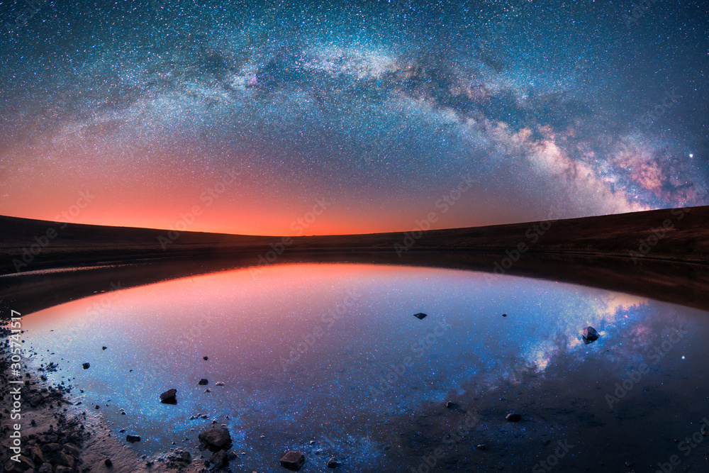 Beautiful panoramic milky way galaxy with reflection over the small lake.