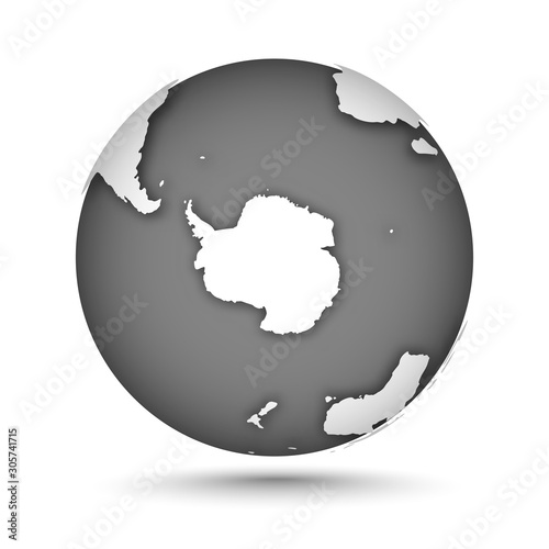 Globe icon gray on white with smooth vector shadow and map of the continents in the south hemisphere. Antarctica continent. White continent and gray water. Vector illustration
