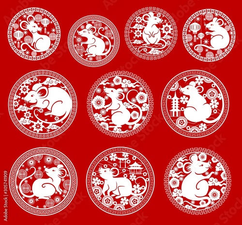 Chinese New Year rat vector icons. Mouse papercut symbols of animal zodiac or horoscope, Asian lanterns, pagodas and blooming plum flowers, coins and clouds with frames of oriental ornament