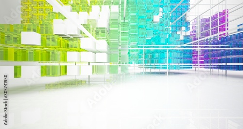 Abstract white and colored gradient glasses interior from array cubes with large window. 3D illustration and rendering.