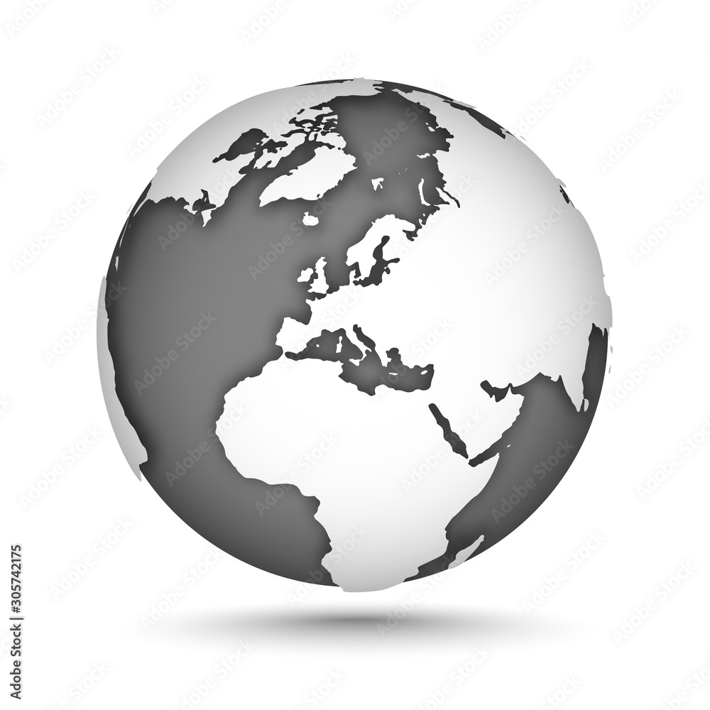 Globe set gray and white, vector icons Earth with outline continents. White continent and gray water. Europe, Africa, North Pole. Vector illustration