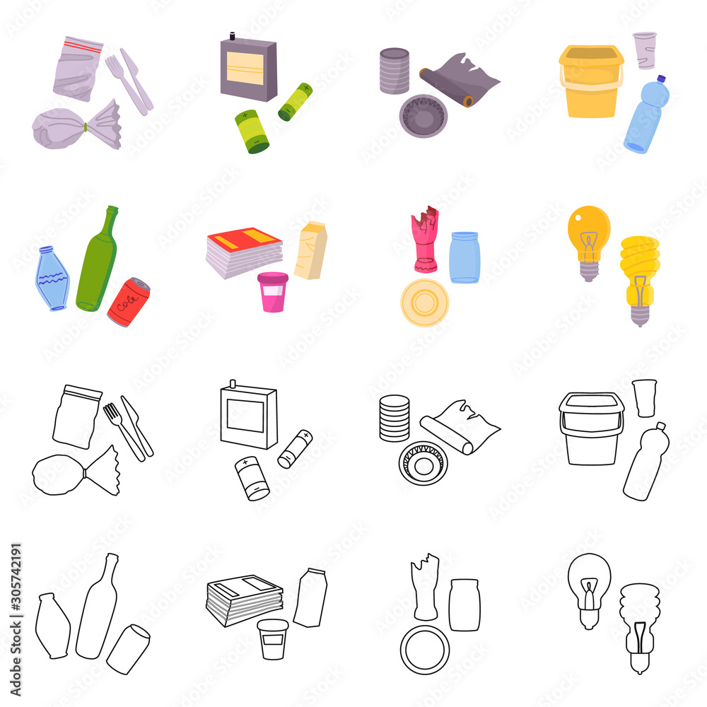 Vector illustration of waste and garbage sign. Collection of waste and reuse vector icon for stock. Vector illustration of waste and garbage sign. Collection of waste and reuse vector icon for stock.