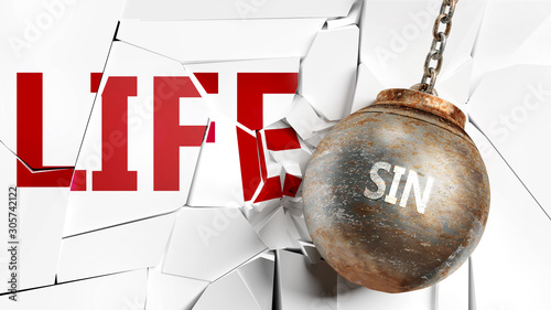 Fotografie, Obraz Sin and life - pictured as a word Sin and a wreck ball to symbolize that Sin can