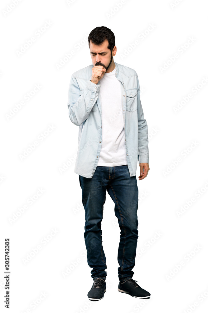 Full-length shot of Handsome man with beard is suffering with cough and feeling bad over isolated white background Full-length shot of Handsome man with beard is suffering with cough and feeling bad over isolated white background