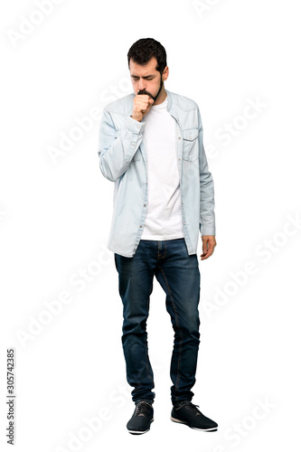 Full-length shot of Handsome man with beard is suffering with cough and feeling bad over isolated white background