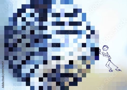 Tired little stick person pushing a huge ball of blue pixels. Concept illustration for person trying to keep depression at bay.
