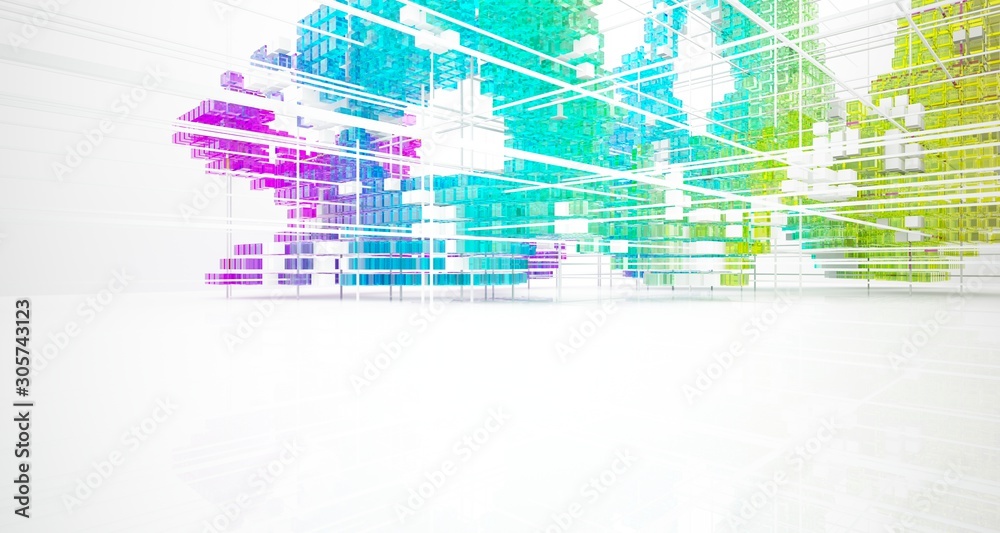 Obraz premium Abstract white and colored gradient glasses interior from array cubes with large window. 3D illustration and rendering.