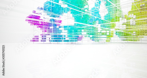 Abstract white and colored gradient glasses interior from array cubes with large window. 3D illustration and rendering.