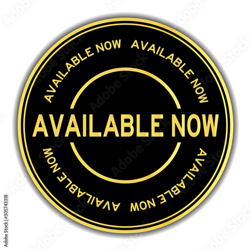 Gold color available now word round sticker on white background