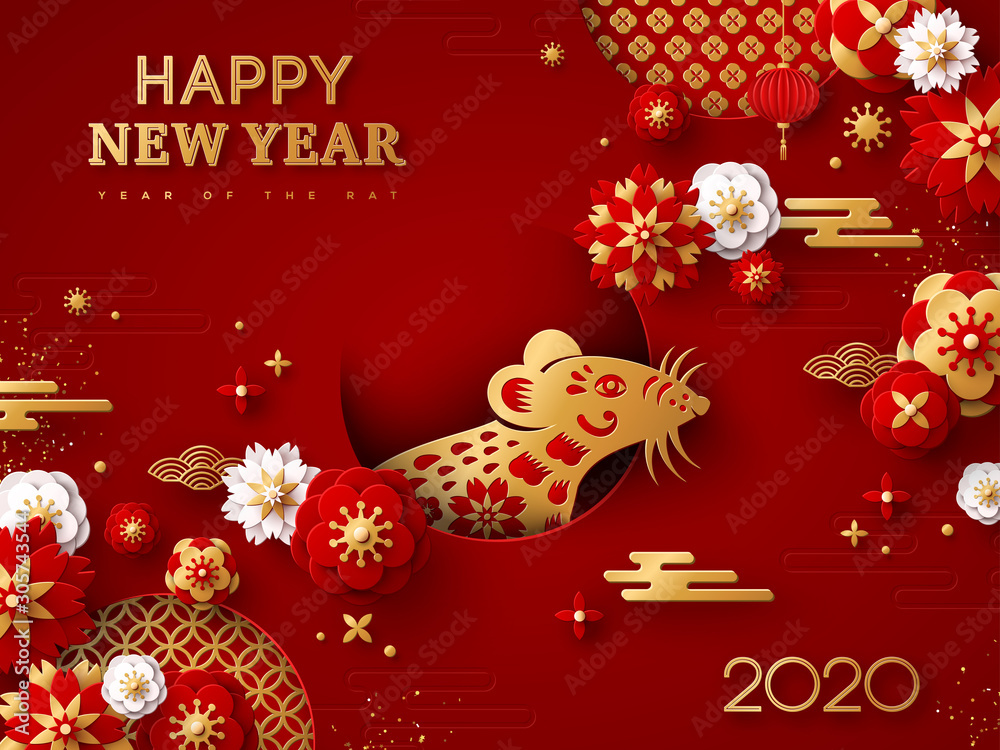 Naklejka premium 2020 Chinese New Year Greeting Card, Zodiac Symbol Metal Mouse in Hole, Paper cut Sakura Flowers and Gold Clouds on Red Background. Vector illustration. Hieroglyph Rat. Place for Text
