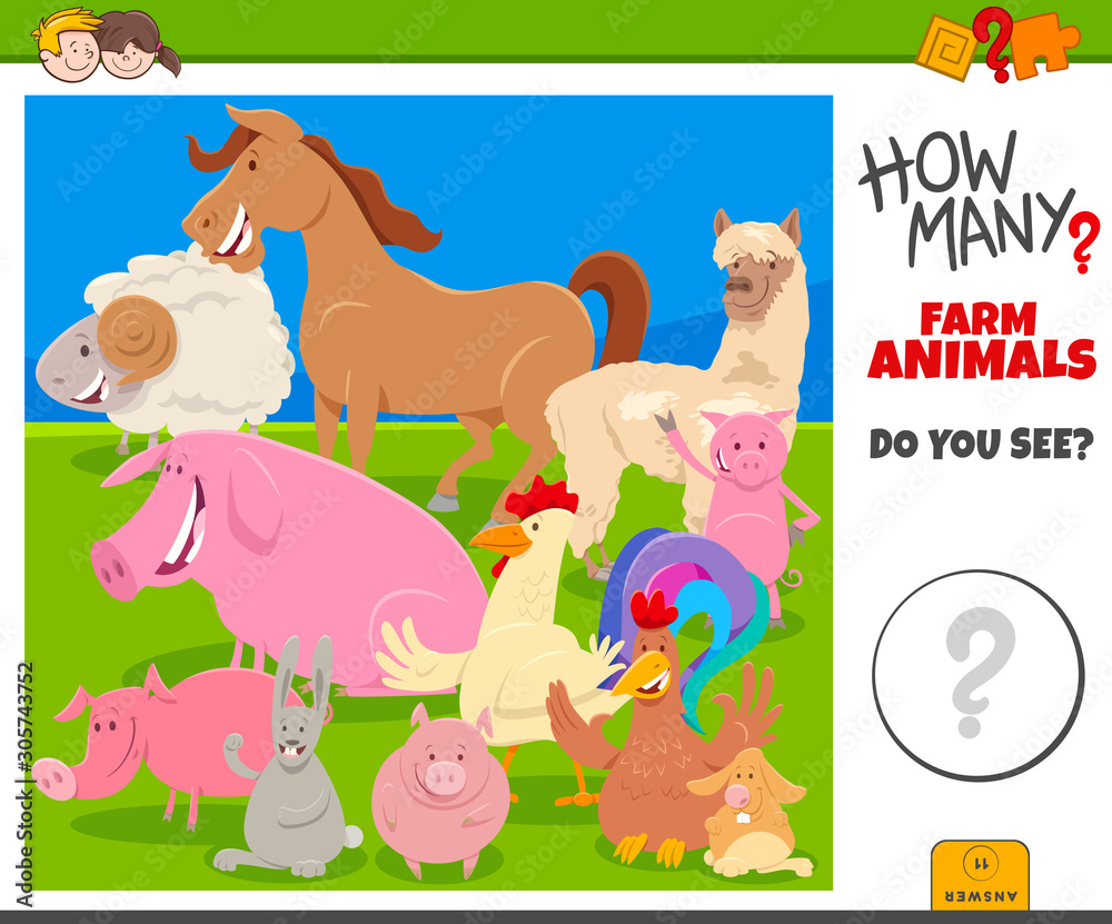 Naklejka premium how many farm animals educational game for children