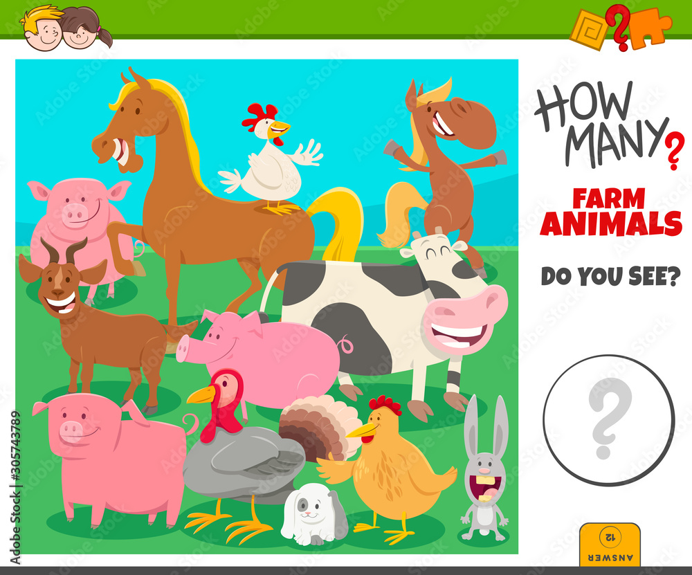 Fototapeta premium how many farm animals educational task for children